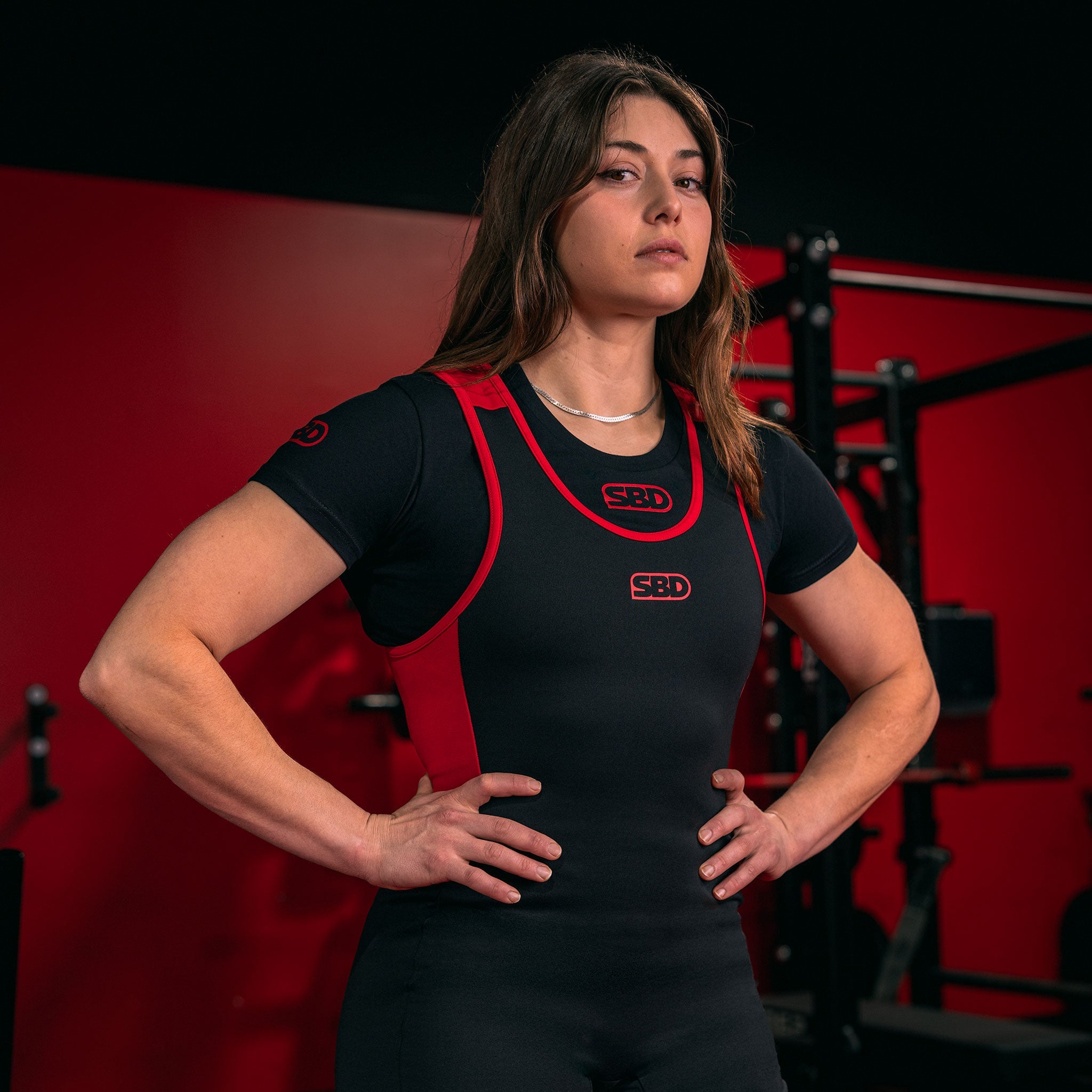 SBD Powerlifting Singlet Schwarz Rot Frauen